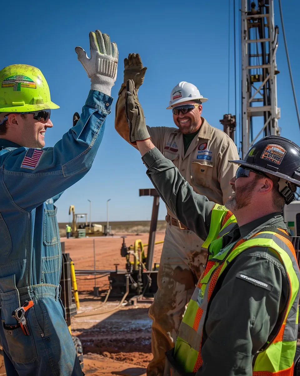 Oil field drilling crew celebrating successful well completion in the Permian Basin