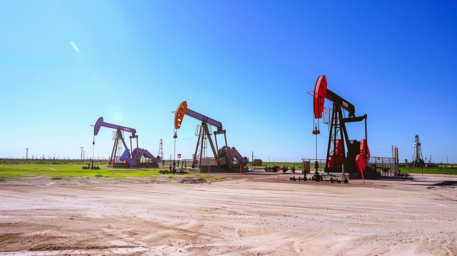 Oil wells and pump jacks across the Permian Basin landscape in West Texas